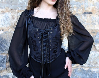 Blouse Renaissance en mousseline noire - Manches bouffantes élégantes, design d'inspiration vintage