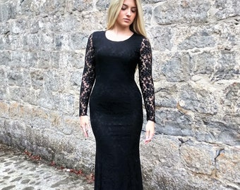 Vestido largo de bruja en encaje negro, Vestido pagano negro, Vestido de bruja de manga larga, Vestido de novia gótico, Vestido de novia negro, Vestido strega de encaje oscuro