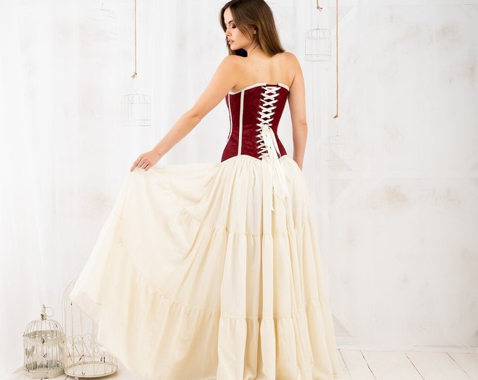 Deluxe saloon wedding dress corseted, Renfest costume ball gown cream and burgundy, Renaissance bridal dress ruffled skirt, Steampunk bride