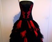 Black and red wedding dress, Tulle skirt, Satin corset, Gothic wedding dress, Black wedding dress, Steampunk wedding dress, High low wedding