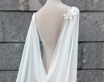 Natural white chiffon bridal cape, Long drape cape veil, Dainty wedding cloak for winter wedding, Faerie bride gown soft cathedral cape