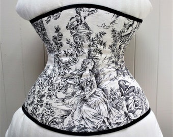 Victorian Underbust Corset, Edwardian Tightlacing Corset, Renaissance Corset Lingerie, Black And White Print Corset, Victorian Style, Gothic