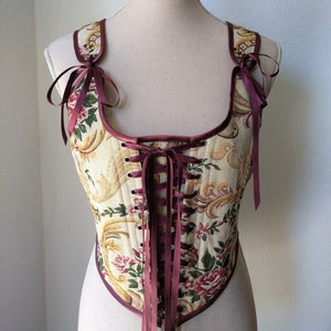 READY TO SHIP Tapestry corset stays, Cottagecore bodice in dark red floral tapestry, Renaissance corset, Floral corset top, Vintage overbust