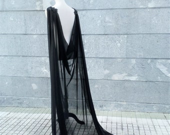 Viking Wedding Cape Black Sheer Gown Overlay Valkyrie Cloak Bridal Train Embroidered Tulle Shoulder Applique Fantasy Ceremony Accessory