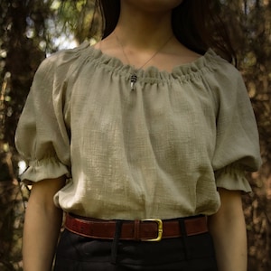 READY TO SHIP Linen Style Peasant Blouse Puff Sleeve Top Cottagecore Women Shirt Rustic Summer Handmade Natural Fabric Gift for Her Larp