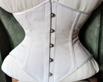 Tight lacing white underbust corset in victorian vintage style, Steelboned waist training cincher corset for under dress, Shapewear trainer