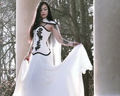 Gothic wedding gown, Black and white wedding dress, Medieval vampire dress with corset, Silk and lace goth bridal dress with tulle long cape