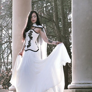 Gothic wedding gown, Black and white wedding dress, Medieval vampire dress with corset, Silk and lace goth bridal dress with tulle long cape