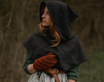 Cozy Dark Grey Hooded Capelet for a Charming Cottagecore Look