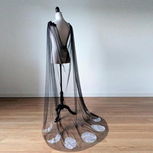 Moon Phases Cloak, Black Wedding Cloak, Witchy Cloak, Black Long Cape, Goth Costume, Gothic Wedding Cape, Black Tulle Shoulder Cape