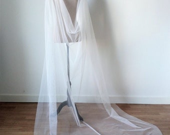 White tulle long wedding cloak for fantasy bridal dress with lace shoulder, Princess fantasy elven bridal cape or detachable wedding train