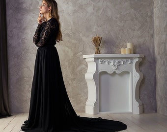 Witchy black wedding dress with long sleeve, Gothic lace bridal dress for relaxed elopement, Black boho goth wedding gown, Minimalist dark