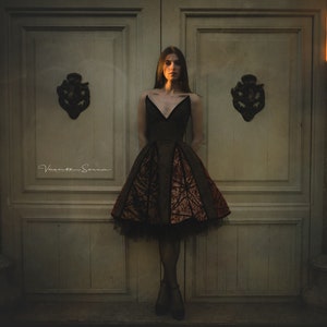 May include: A woman in a black and brown dress stands in front of a wooden door with ornate door handles. The dress has a geometric pattern and a tulle skirt. The woman is looking at the camera.