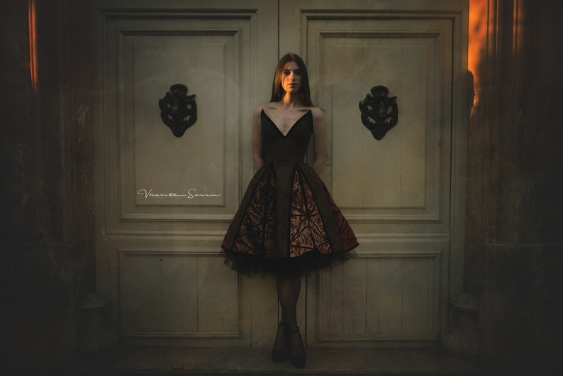 May include: A woman in a black and brown dress stands in front of a wooden door with ornate door handles. The dress has a geometric pattern and a tulle skirt. The woman is looking at the camera.