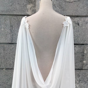 Natural white chiffon bridal cape, Long drape cape veil, Dainty wedding cloak for winter wedding, Faerie bride gown soft cathedral cape image 3