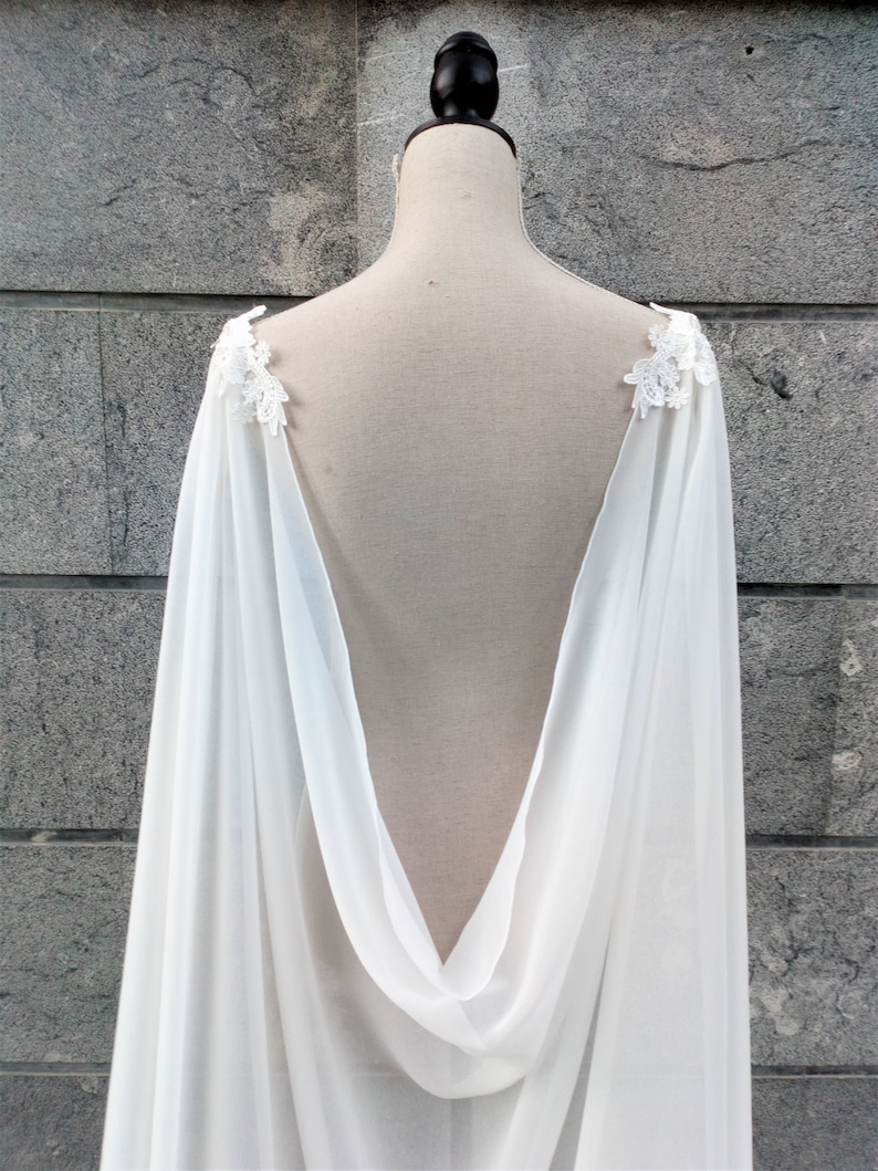 Natural white chiffon bridal cape, Long drape cape veil, Dainty wedding cloak for winter wedding, Faerie bride gown soft cathedral cape image 3