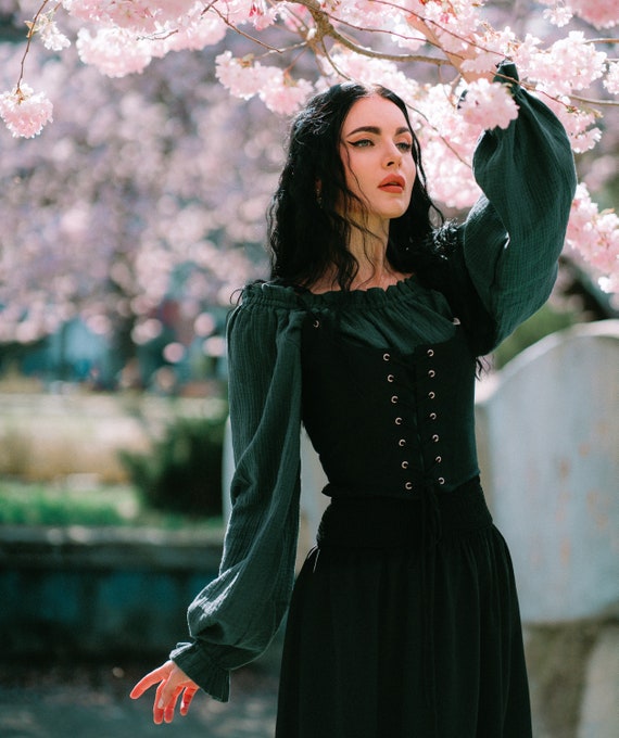 goth cottagecore dress Black Cotton Maxi Dress: Royalcore Gothic Bell Sleeve Ruffle Lace