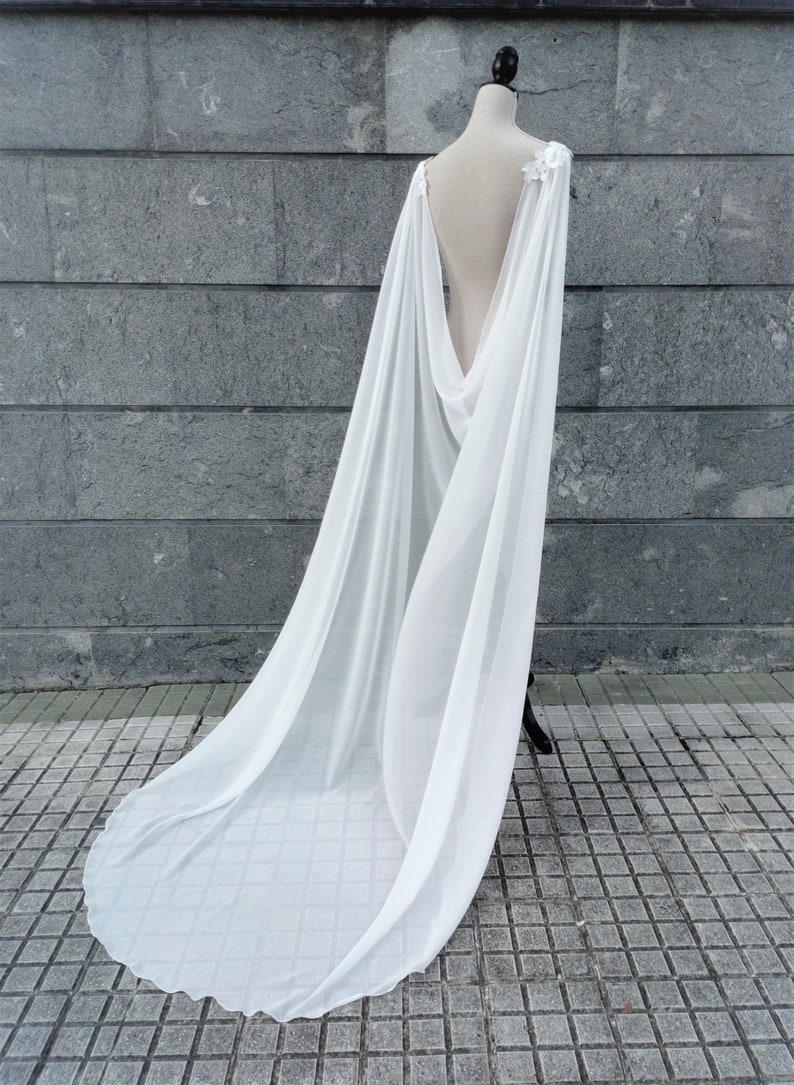 Natural white chiffon bridal cape, Long drape cape veil, Dainty wedding cloak for winter wedding, Faerie bride gown soft cathedral cape image 9