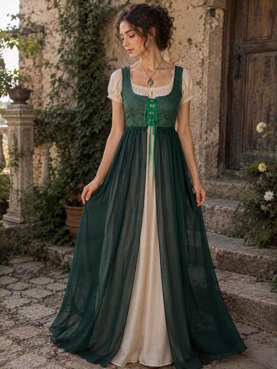 Green Corset Overdress: Lace Up Elven Gown, Fantasy Outfit, Silk Chiffon