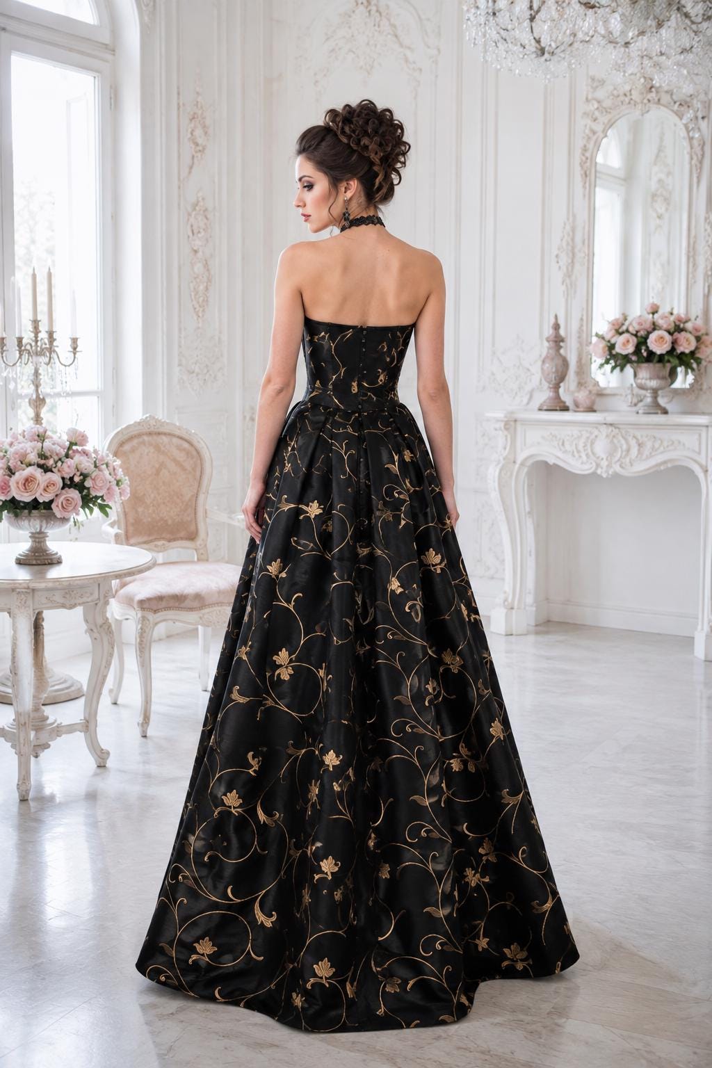 Steampunk Gothic Wedding Dress, Black Taffeta Corset Gown, Gold Embroidery
