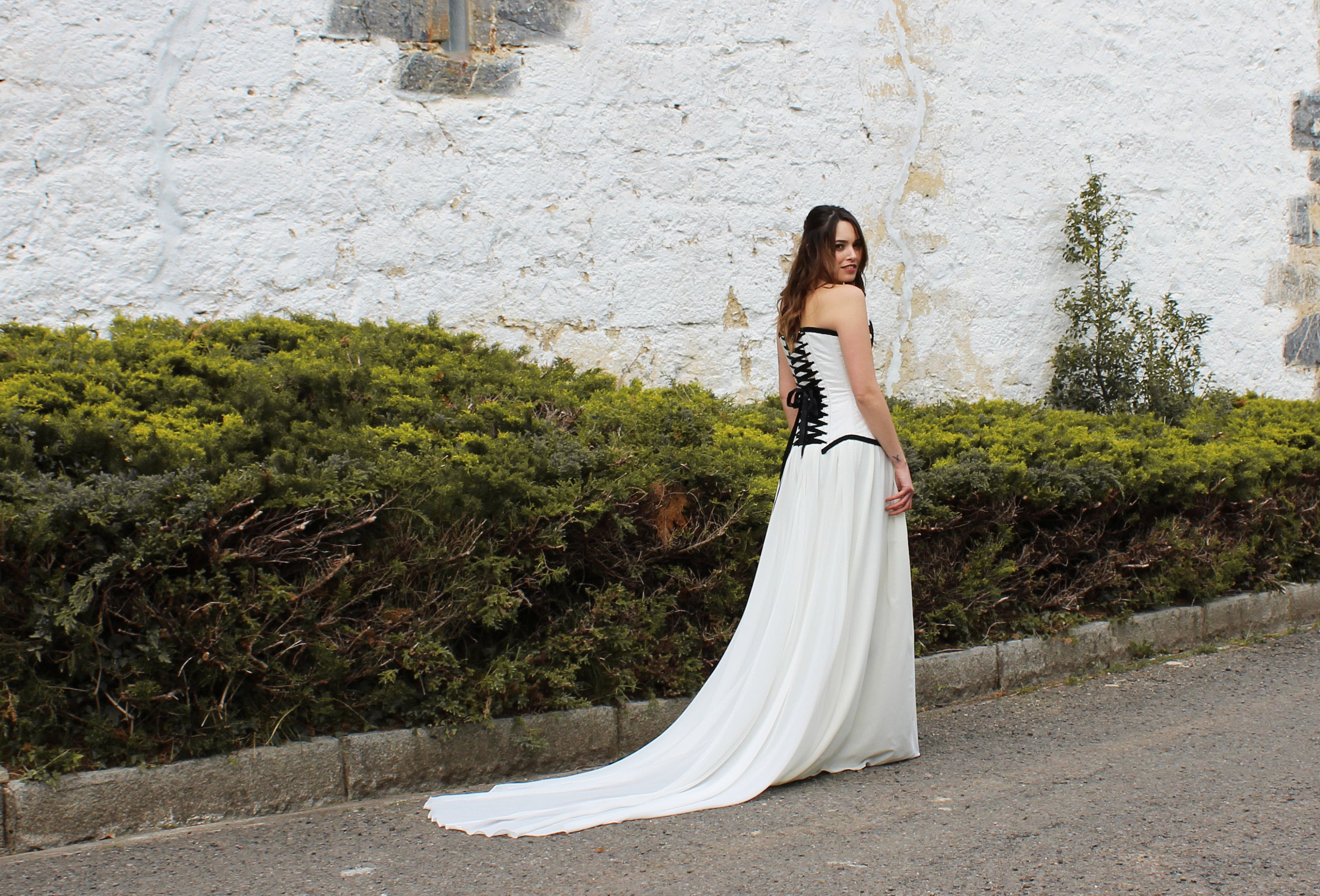 Trumpet Sleeve Embroidered Viking Wedding Dress in Ivory