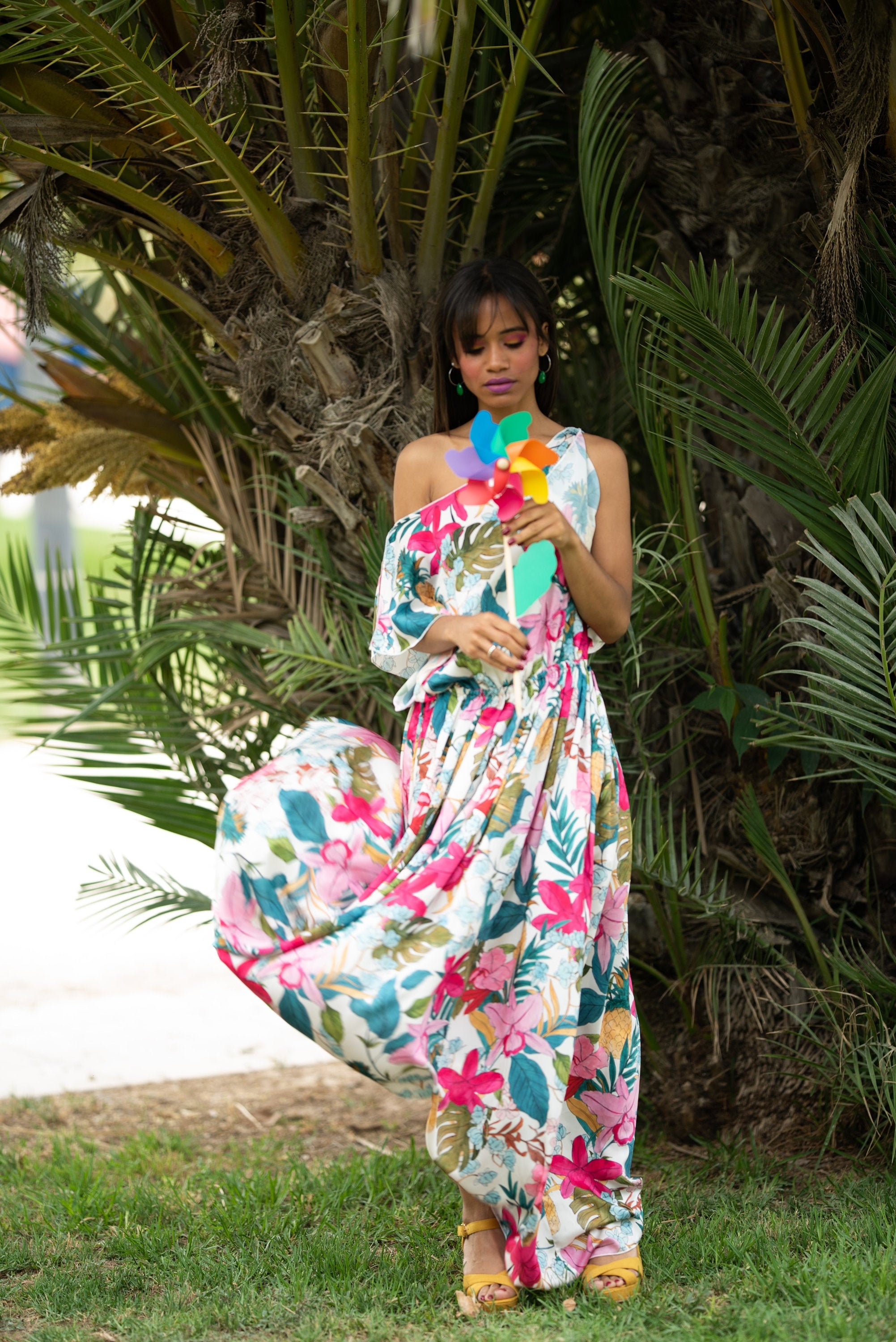 Colorful maxi dress, Tropical long dress for summer, Pink off the