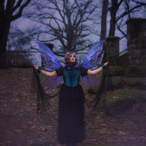 May include: A woman wearing a black dress and a teal corset with iridescent blue and purple butterfly wings. She is standing in a forest setting with a stone wall in the background.