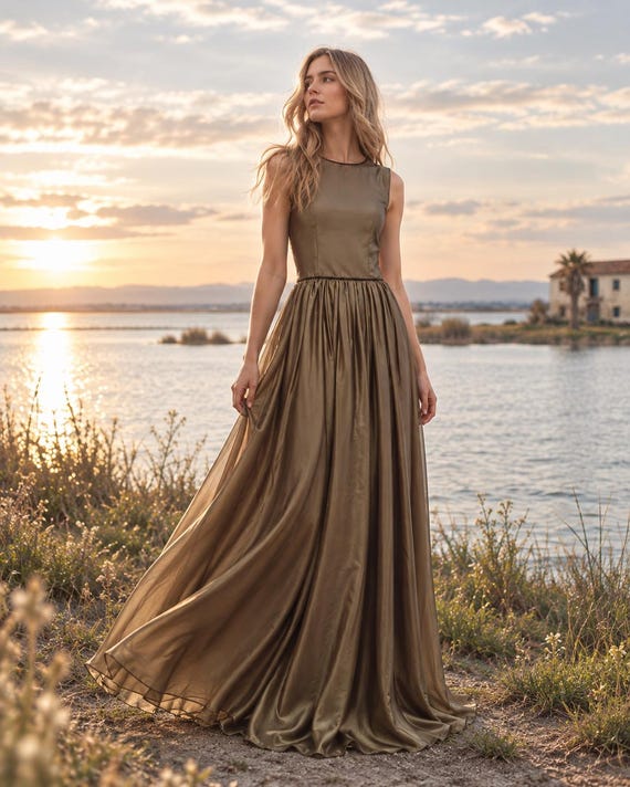 brown goddess dress Flowy Gold Chiffon - Egyptian Costume - Fall Nymph Inspired Gown Boho dress