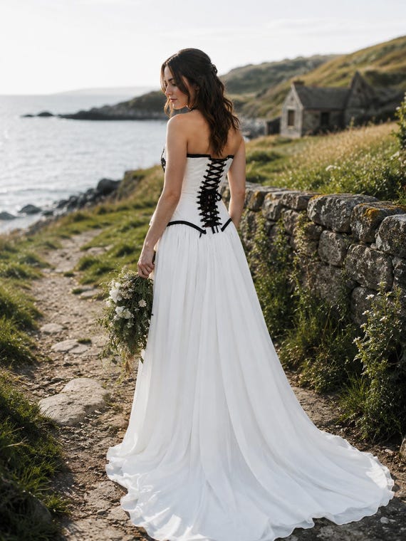 black and white beach wedding dresses Viking Dress, Celtic Corset, Elvish Gown La Femme 33202 Dress High slit Color:add color requested on order special instructions on cart page Designed as a boho