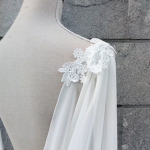 Natural white chiffon bridal cape, Long drape cape veil, Dainty wedding cloak for winter wedding, Faerie bride gown soft cathedral cape image 2