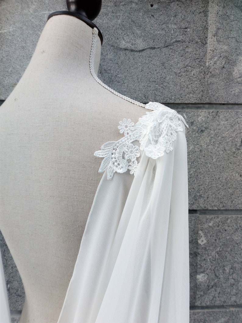 Natural white chiffon bridal cape, Long drape cape veil, Dainty wedding cloak for winter wedding, Faerie bride gown soft cathedral cape image 2