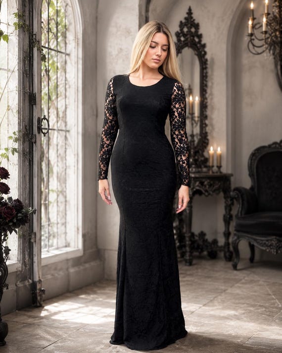 black lace witch dress Handmade Dress, Mermaid Silhouette, Gothic Wedding Gown The Lucetta Dress in colourway-ellaoffshoulder Care Instructions Machine wash Color:M-Orchid
