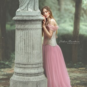 May include: A woman in a pink tulle dress leans against a stone pillar in a garden setting. The pillar is decorated with intricate carvings. The woman's dress is flowing and elegant, and her hair is long and flowing. The background is blurred, creating a dreamy atmosphere.
