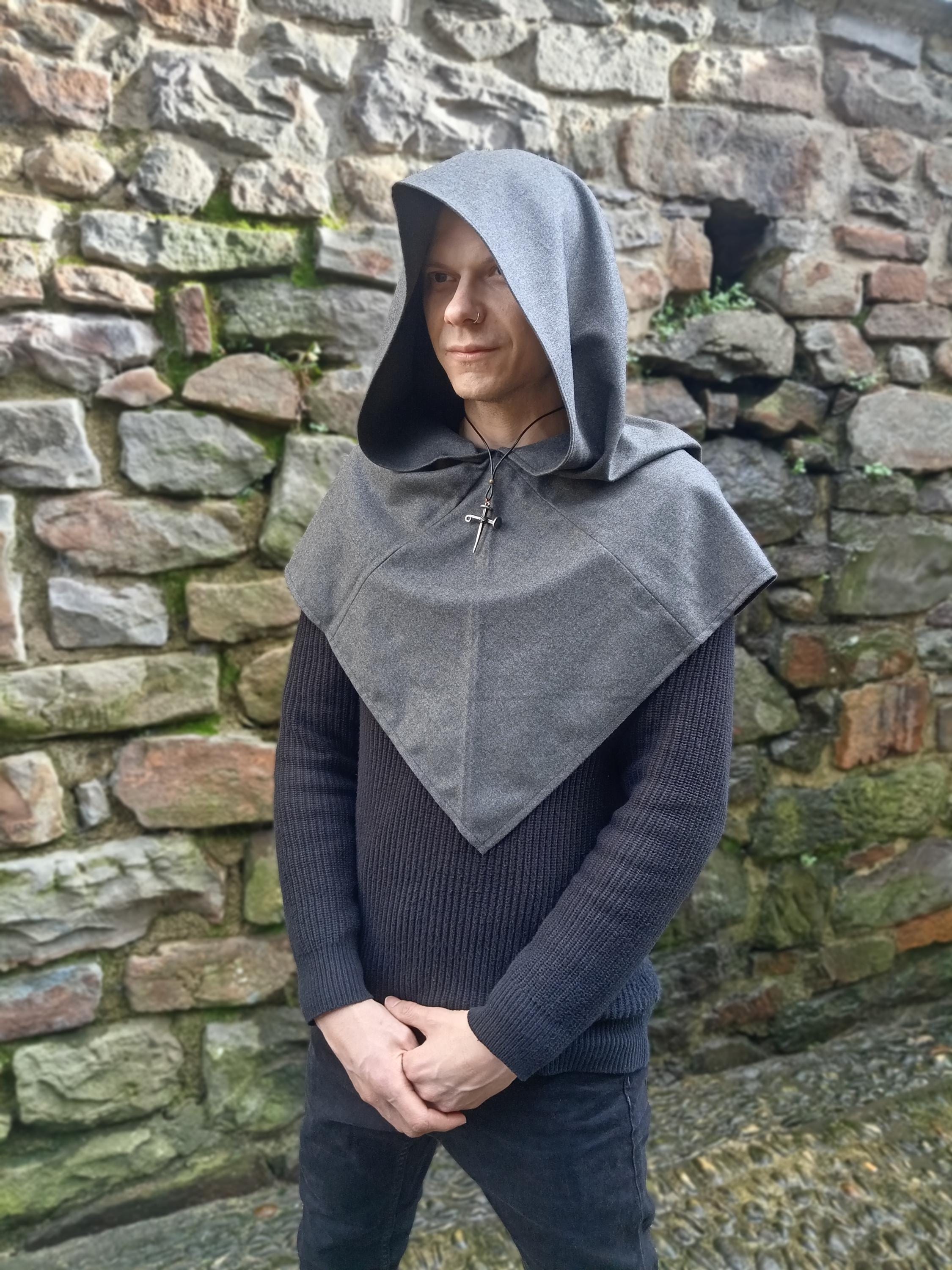 Dark Gray Hooded Shoulder Cape Minimal Cloak Fantasy Viking