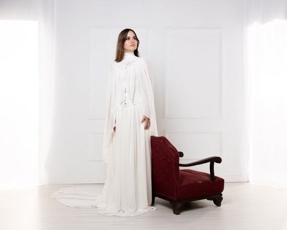 Vampiric White Gothic Wedding Dress Corset With Cape, Romantic