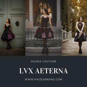 May include: Three women wearing black and purple dresses with a gothic style. The dresses have a full skirt and a fitted bodice. The women are standing in different locations, one in front of a green door, one in front of a wrought iron fence, and one on a path lined with trees. The text "Haizea Couture" and "LVX AETERNA" is displayed on a black background. The website address "www.haizearranz.com" is also displayed.