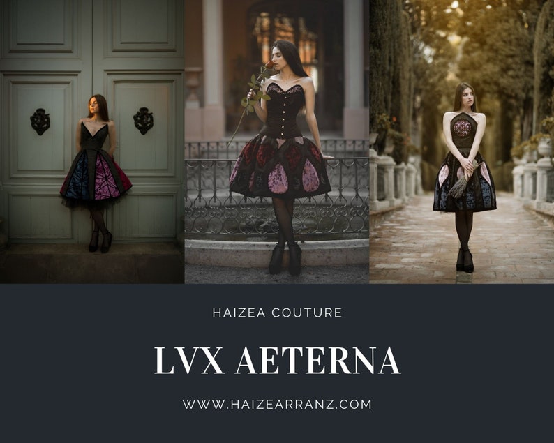 May include: Three women wearing black and purple dresses with a gothic style. The dresses have a full skirt and a fitted bodice. The women are standing in different locations, one in front of a green door, one in front of a wrought iron fence, and one on a path lined with trees. The text "Haizea Couture" and "LVX AETERNA" is displayed on a black background. The website address "www.haizearranz.com" is also displayed.
