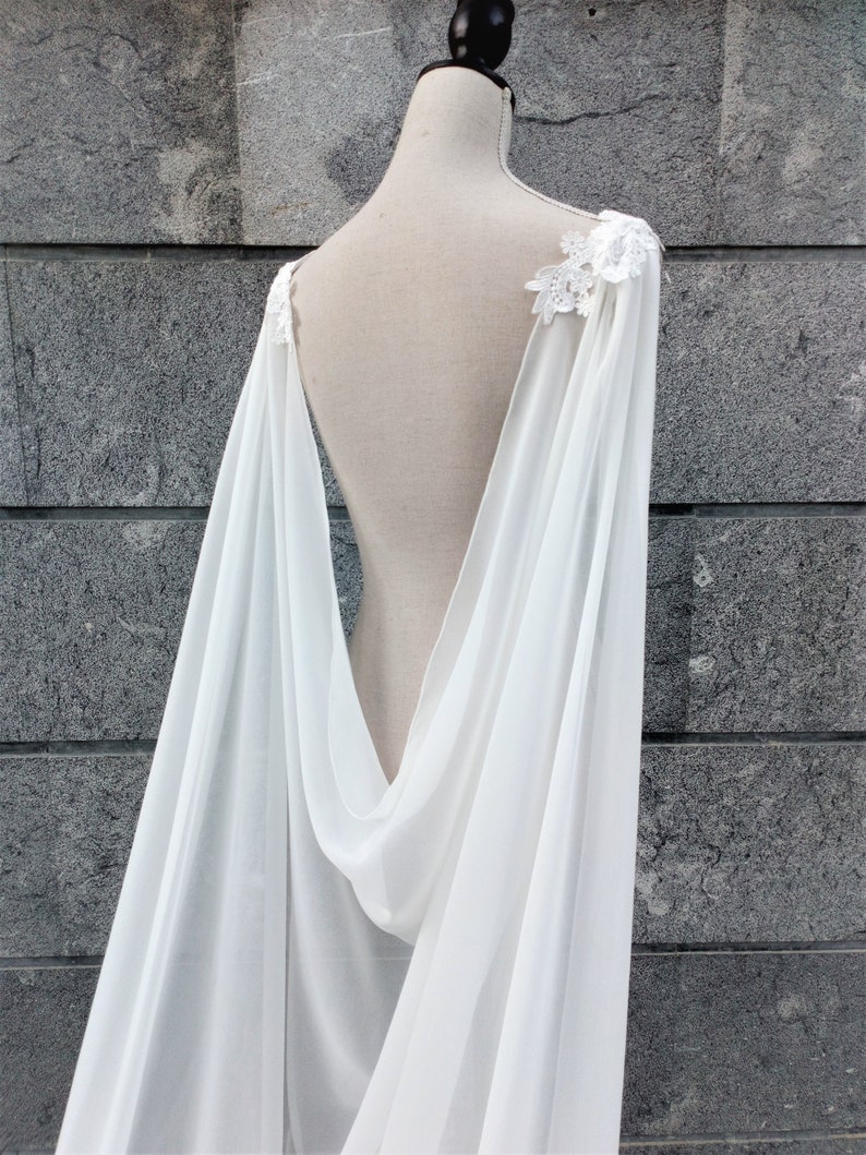 Natural white chiffon bridal cape, Long drape cape veil, Dainty wedding cloak for winter wedding, Faerie bride gown soft cathedral cape image 1