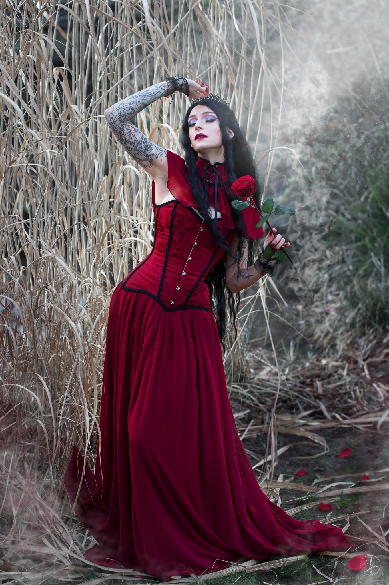 red gothic vampire dress Velvet Gothic Gothic wedding dresses with Long Sleeves and Gothic V-Neckline in Black and Red