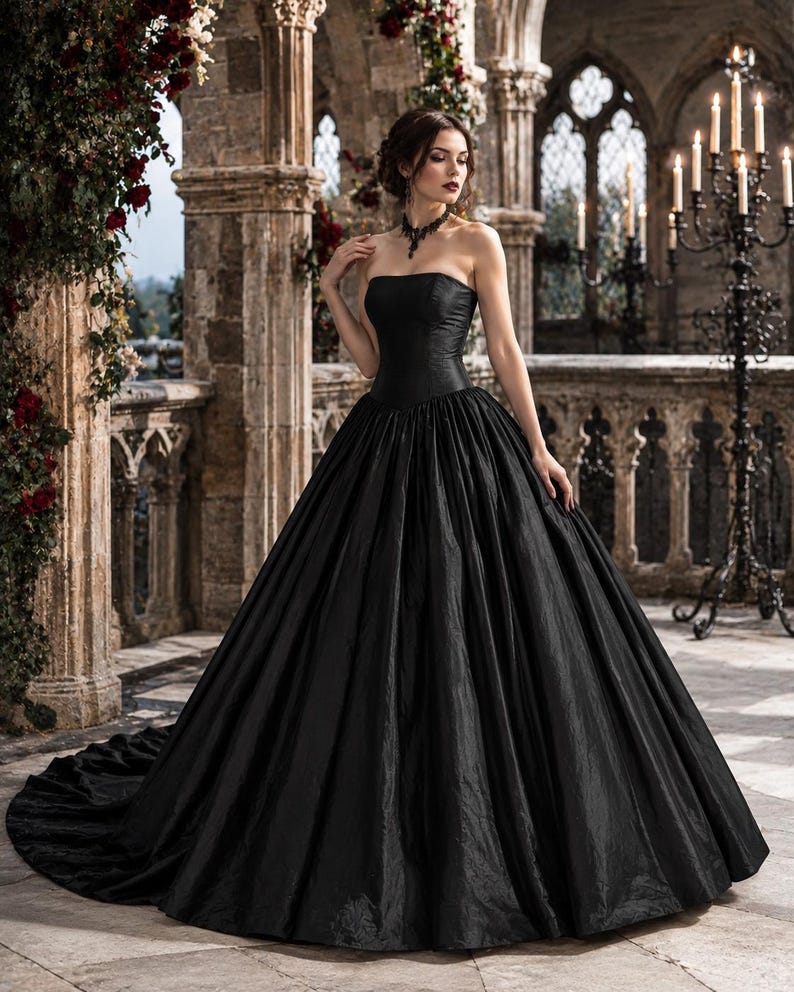 May include: A floor-length strapless black ball gown featuring a fitted bodice and a voluminous, full-length skirt with a train. The fabric has a subtle, textured sheen, and the garment is paired with a dark, intricate lace choker necklace.