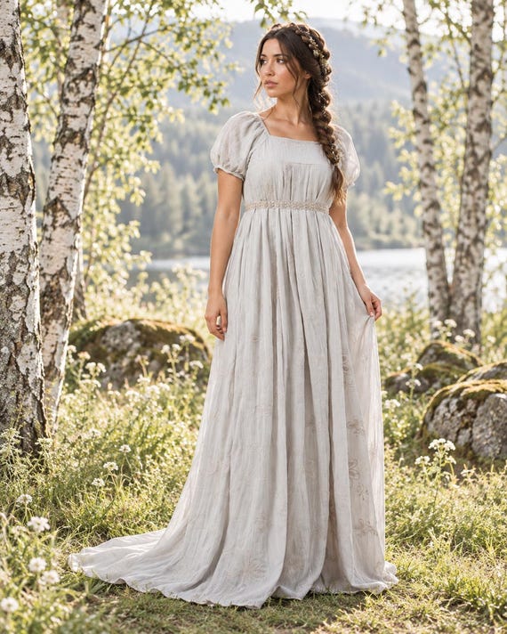 grey boho wedding dress Viking Pagan Bridal Gown Puff Sleeve Elven Woodland Handfasting Ceremony Romantic Fantasy Bride Category_Default Category/New Arrivals