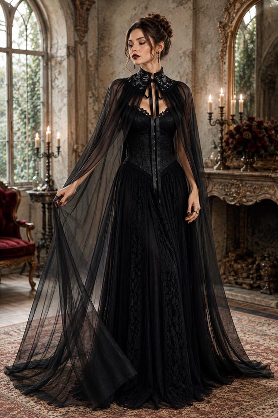 Black Sheer Chiffon Vampire Cloak: Full Length, High Neck Lace-Up Gothic Fantasy Evening Wear