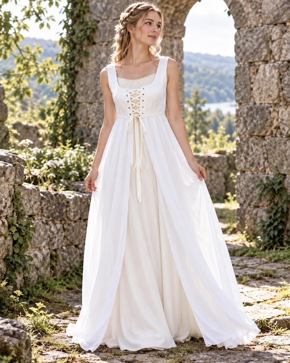 white renaissance dress Bridal Overdress Fairy Fantasy Viking Wedding Gown Elven Overlay Handmade Bridal Layering Dress Alpine Swiss Brad Men's Viscose Knit Plus size The sleeves consist of SIZE:Child 9