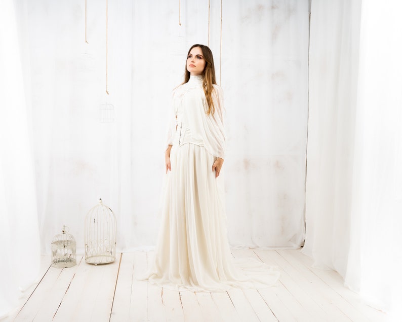 Handmade Ivory Brocade Fairy Queen Gown, Elven Wedding Dress with Cape image 4