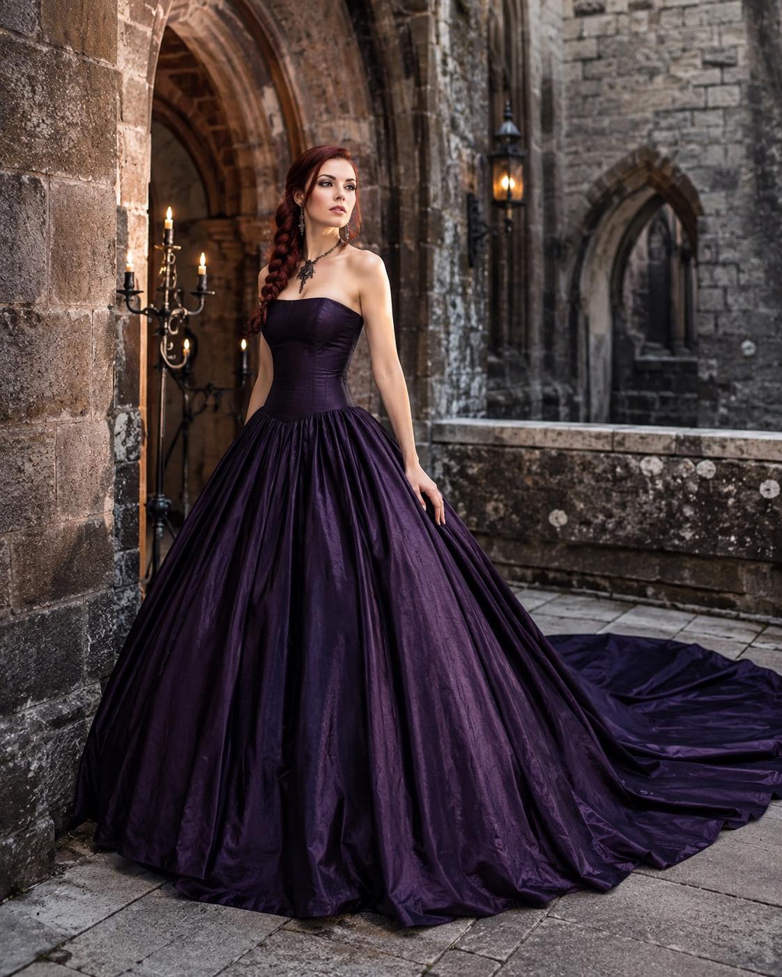 Gothic Steampunk Corset Wedding Dress, Dark Victorian Ball Gown, Purple Bridal Dress
