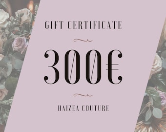 Gift card for wedding dress, 300 euro egift certificate, Electronic gift card from bridesmaid, Gift certificate last minute gift from sister