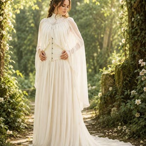 Handmade Ivory Brocade Fairy Queen Gown, Elven Wedding Dress with Cape image 1