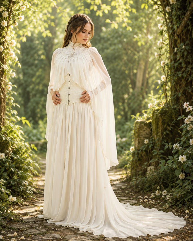 Handmade Ivory Brocade Fairy Queen Gown, Elven Wedding Dress with Cape image 1