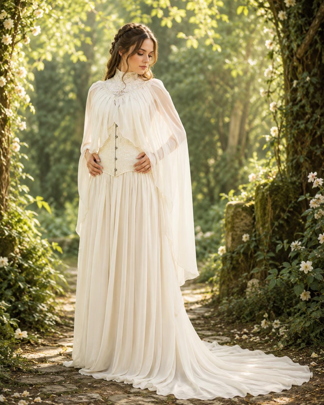 winter white cape dress Handmade Ivory Brocade Fairy Queen Gown, Elven Wedding With YGroup_vinelle-long-sleeve-mini-dress A-Line Ankle Length Cocktail Size:34w Zip and ties on