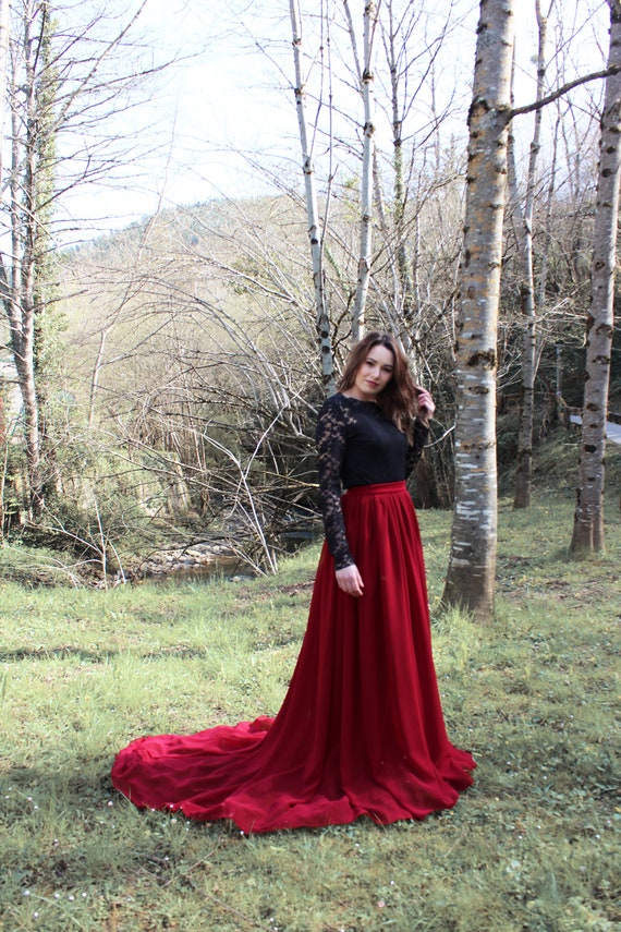 HaizeaCouture Dark Red and Black Wedding Dress, Gothic Wedding Gown, Lace Long Sleeve Bridal Dress, Outdoor Fall Wedding, Boho Goth Bridal Gown Burgundy